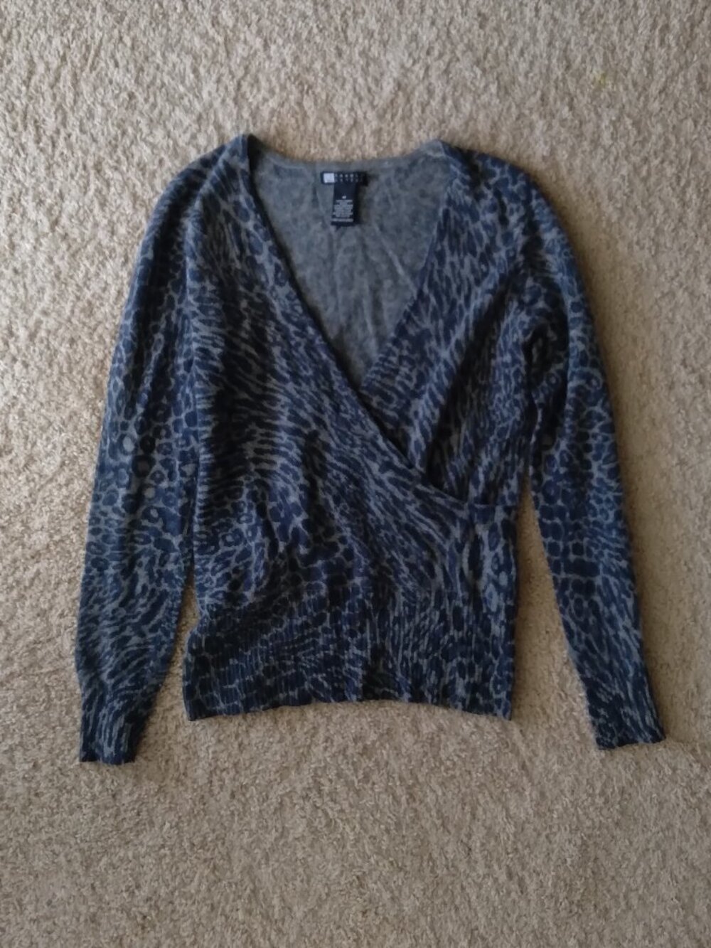 Vintage Carole Little Lambs Wool Angora Gray Blue Leopard Surplice Sweater Med